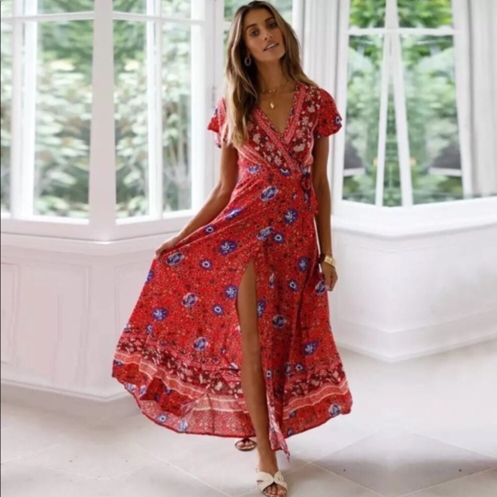 - Bohemian Floral Print Maxi Wrap Red Dress